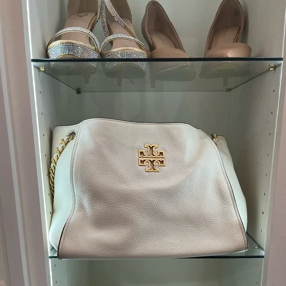 Tory Burch triple compartment tote Light cream Pebbled leather and Gold metal - Picture 2 of 12